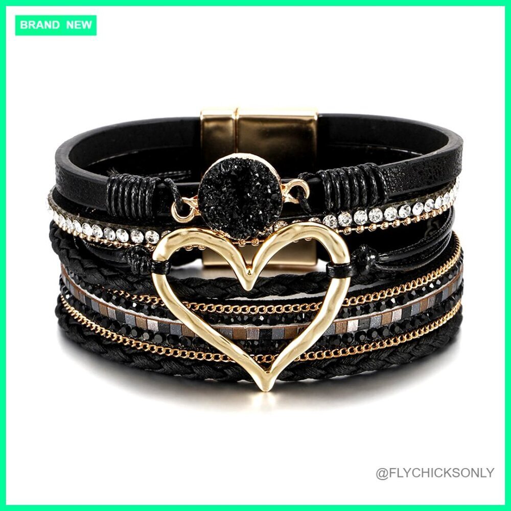Leopard Print Leather Wrap Bracelet with Pearl Crystal Multi-Layer Boho